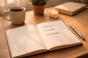 Happy New Year 2026 open notebook with handwritten words balance, growth, and gratitude in soft natural light